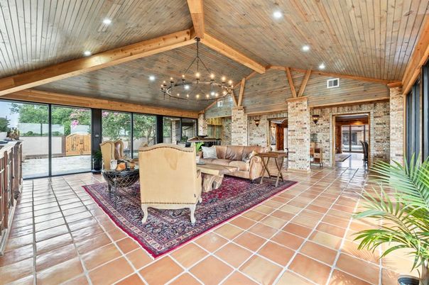 Chandelier, Interior, Living room, Pendant Lights, Recessed Lighting, Stone Walls, Wooden Beams, Wooden Ceilings