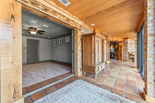 Empty room, Interior, Recessed Lighting, Stone Walls, Wooden Ceilings