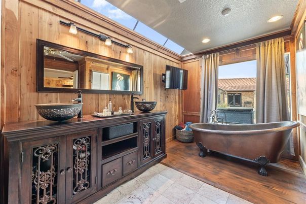 Bathroom, Dual Sink Vanities, Free Standing Baths, Interior, Recessed Lighting, Wood Texture Flooring, Wooden Walls