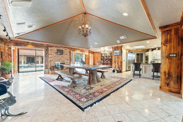 Billiard Table, Chandelier, Game Room, Interior, Recessed Lighting, Stone Walls