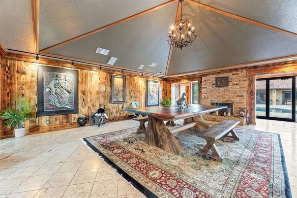 Chandelier, Dining room, Fireplace, Interior, Stone Walls