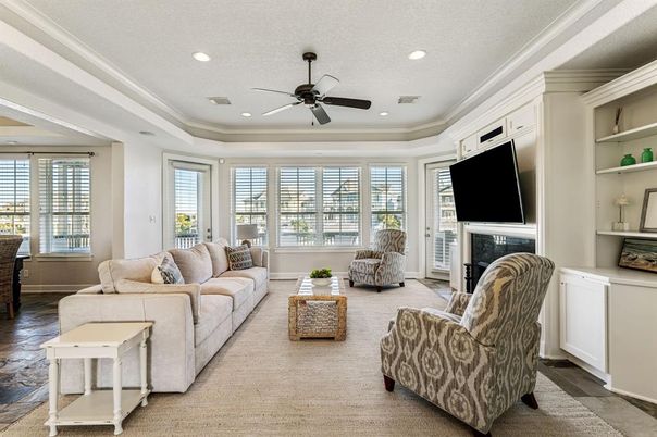 Fireplace, Interior, Living room, Recessed Lighting, Wood Texture Flooring