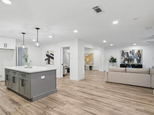 Interior, Kitchen, Living room, Pendant Lights, Recessed Lighting, Wood Texture Flooring
