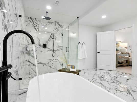 Bathroom, Bedroom, Free Standing Baths, Glass Shower, Interior, Marble, Marble Walls, Recessed Lighting