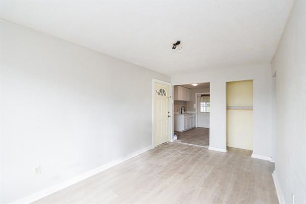 Empty room, Interior, Kitchen, Recessed Lighting, Wood Texture Flooring