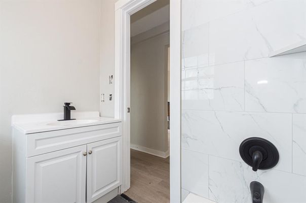 Bathroom, Interior, Marble Walls, Wood Texture Flooring