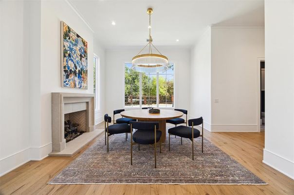 Dining room, Fireplace, Interior, Pendant Lights, Recessed Lighting, Wood Texture Flooring