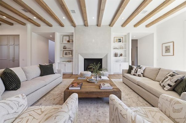 Fireplace, Interior, Living room, Recessed Lighting, Wooden Beams, Wood Texture Flooring