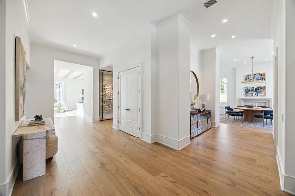 Dining room, Interior, Pendant Lights, Recessed Lighting, Wood Texture Flooring