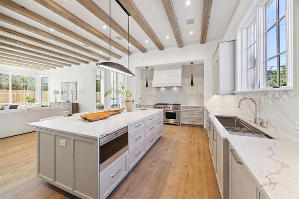 Interior, Kitchen, Pendant Lights, Recessed Lighting, Stainless Steel Appliances, Wooden Beams, Wood Texture Flooring