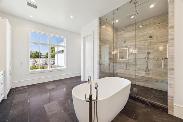 Bathroom, Free Standing Baths, Glass Shower, Interior, Recessed Lighting