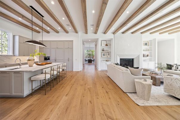 Fireplace, Interior, Kitchen, Living room, Pendant Lights, Recessed Lighting, Wooden Beams, Wood Texture Flooring