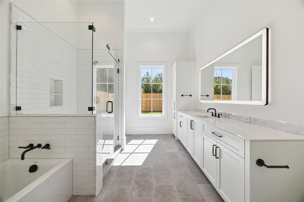 Bathroom, Dual Sink Vanities, Glass Shower, Interior, Recessed Lighting