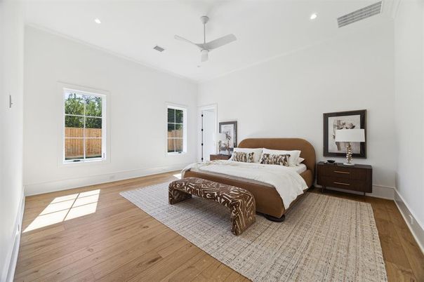 Bedroom, Interior, Recessed Lighting, Wood Texture Flooring