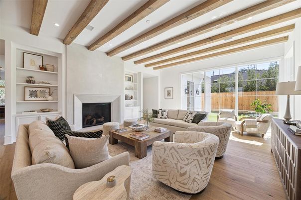 Fireplace, Interior, Living room, Recessed Lighting, Wooden Beams, Wood Texture Flooring
