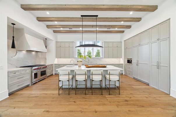 Interior, Kitchen, Marble Walls, Pendant Lights, Recessed Lighting, Stainless Steel Appliances, Wooden Beams, Wood Texture Flooring
