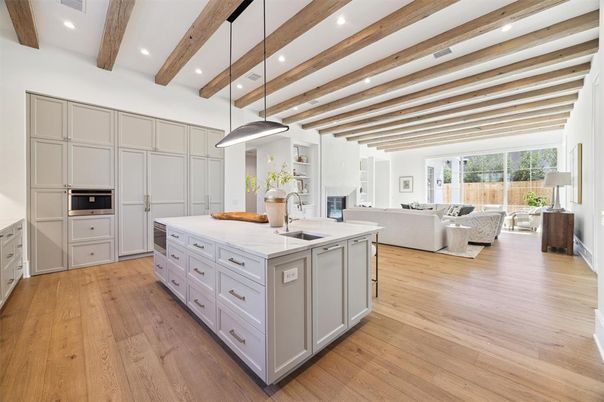Fireplace, Interior, Kitchen, Living room, Pendant Lights, Recessed Lighting, Wooden Beams, Wood Texture Flooring
