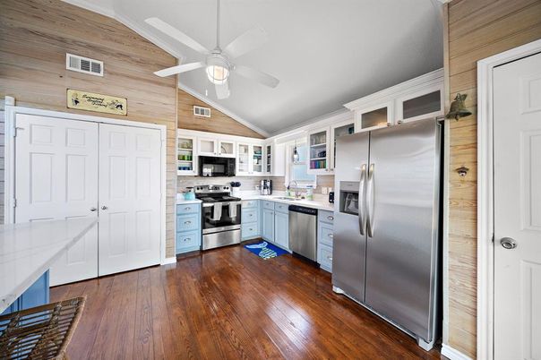 Interior, Kitchen, Stainless Steel Appliances, Wood Texture Flooring, Wooden Walls