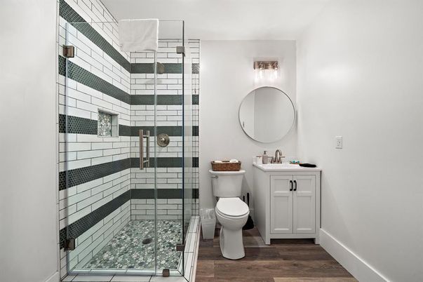 Bathroom, Glass Shower, Interior, Wood Texture Flooring
