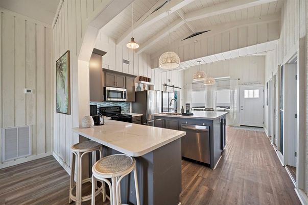Interior, Kitchen, Pendant Lights, Stainless Steel Appliances, Wood Texture Flooring