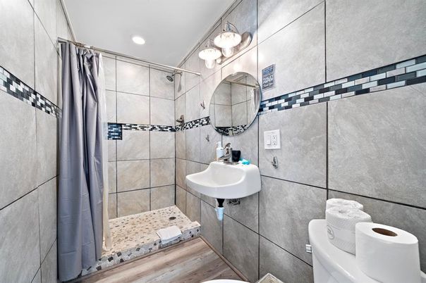 Bathroom, Interior, Recessed Lighting, Wood Texture Flooring