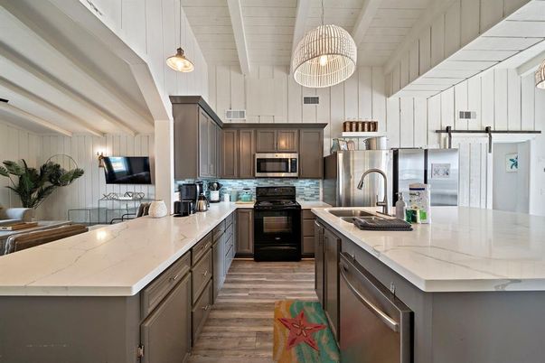 Interior, Kitchen, Pendant Lights, Stainless Steel Appliances, Wood Texture Flooring