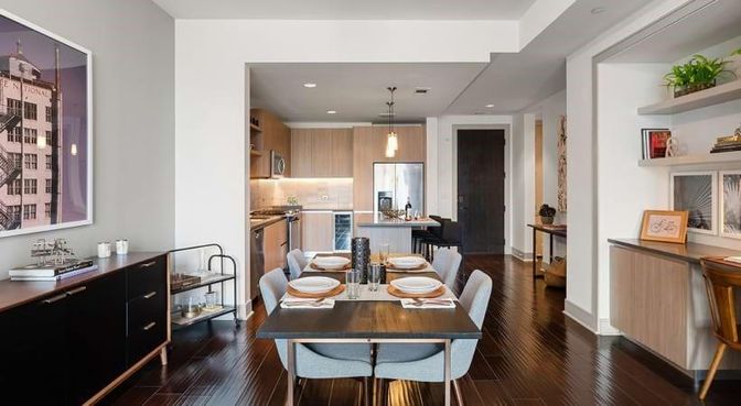 Dining room, Interior, Kitchen, Pendant Lights, Recessed Lighting, Wood Texture Flooring