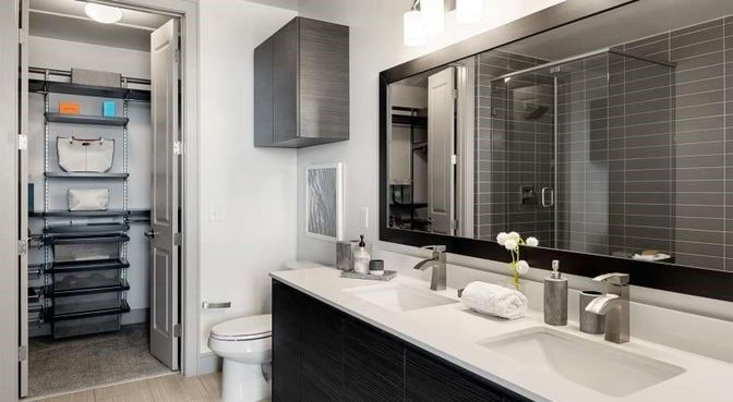 Bathroom, Dual Sink Vanities, Glass Shower, Interior, Wood Texture Flooring