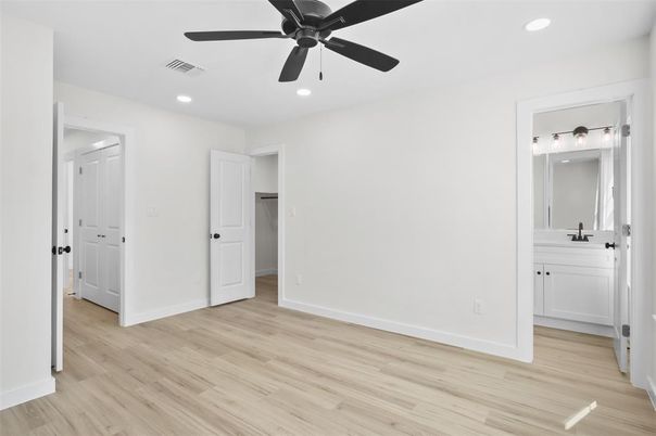 Bathroom, Empty room, Interior, Recessed Lighting, Wood Texture Flooring