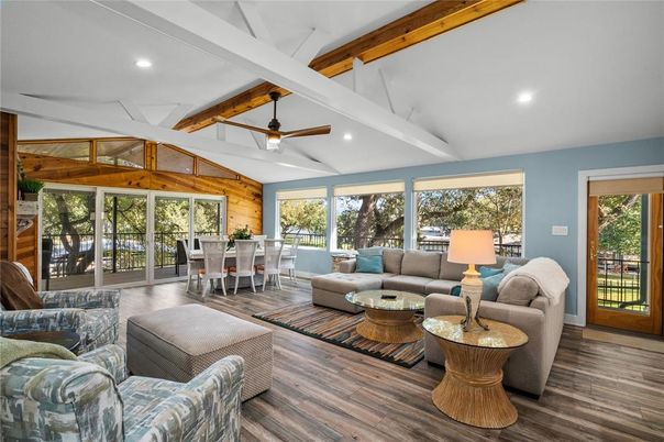 Dining room, Interior, Living room, Recessed Lighting, Wooden Beams, Wood Texture Flooring