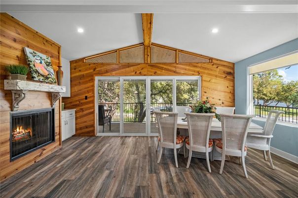 Dining room, Fireplace, Interior, Recessed Lighting, Wooden Beams, Wood Texture Flooring, Wooden Walls