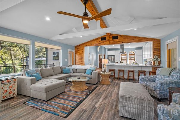 Interior, Kitchen, Living room, Recessed Lighting, Wood Texture Flooring