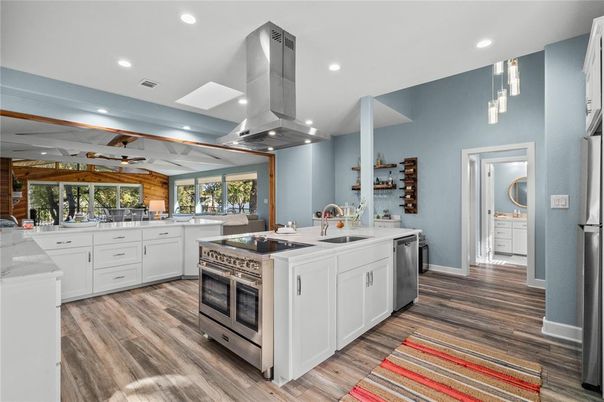 Interior, Kitchen, Recessed Lighting, Stainless Steel Appliances, Wood Texture Flooring