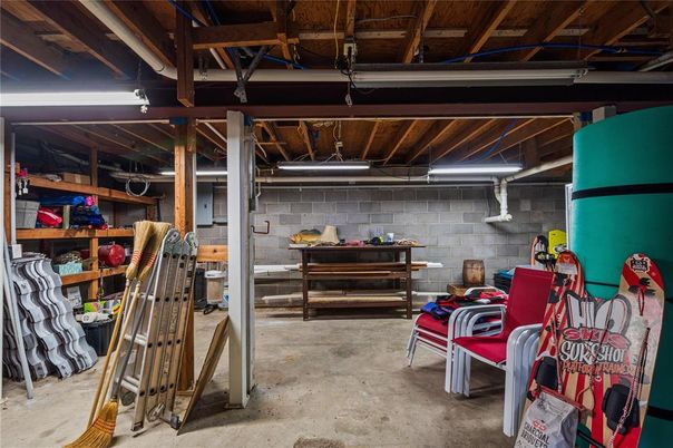 Garage, Interior, Stone Walls, Wooden Beams