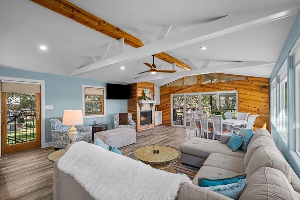 Dining room, Fireplace, Interior, Living room, Recessed Lighting, Wooden Beams, Wood Texture Flooring, Wooden Walls