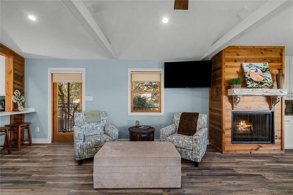 Fireplace, Interior, Living room, Recessed Lighting, Wood Texture Flooring, Wooden Walls