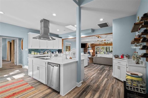 Interior, Kitchen, Living room, Recessed Lighting, Stainless Steel Appliances, Wood Texture Flooring