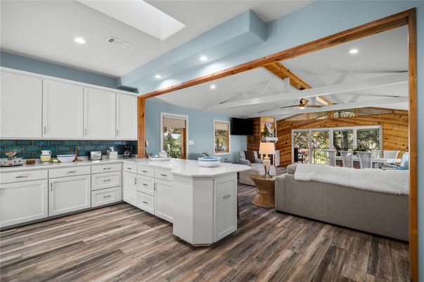 Dining room, Interior, Kitchen, Living room, Recessed Lighting, Wooden Beams, Wood Texture Flooring