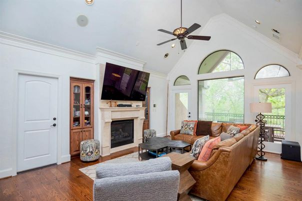 Fireplace, Interior, Living room, Recessed Lighting, Wood Texture Flooring