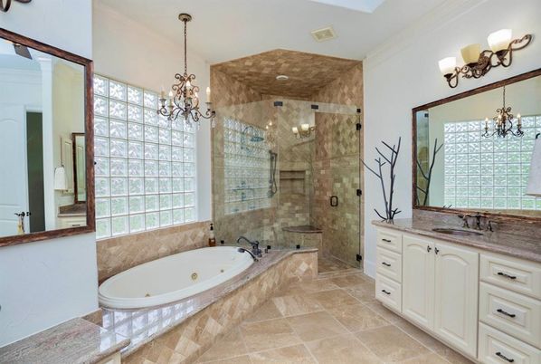 Bathroom, Chandelier, Glass Shower, Interior