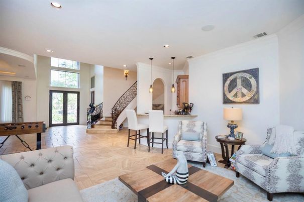 Game Room, Interior, Pendant Lights, Recessed Lighting, Wood Texture Flooring