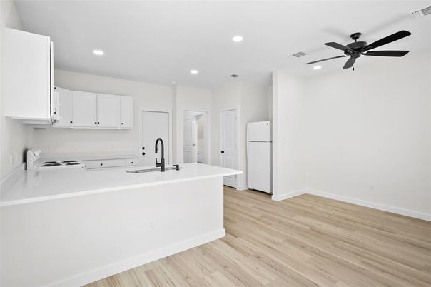 Interior, Kitchen, Recessed Lighting, Wood Texture Flooring