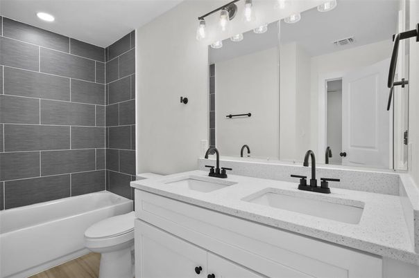 Bathroom, Dual Sink Vanities, Interior, Recessed Lighting, Wood Texture Flooring