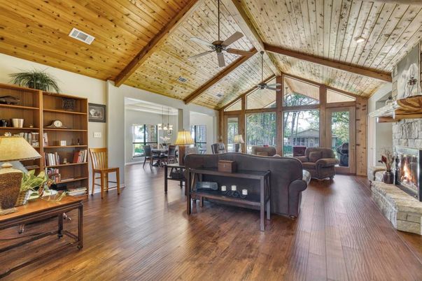 Dining room, Fireplace, Interior, Living room, Pendant Lights, Wooden Beams, Wooden Ceilings, Wood Texture Flooring
