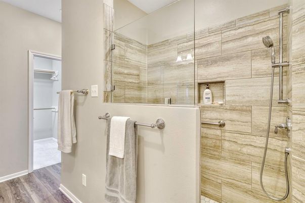 Bathroom, Glass Shower, Interior, Wood Texture Flooring