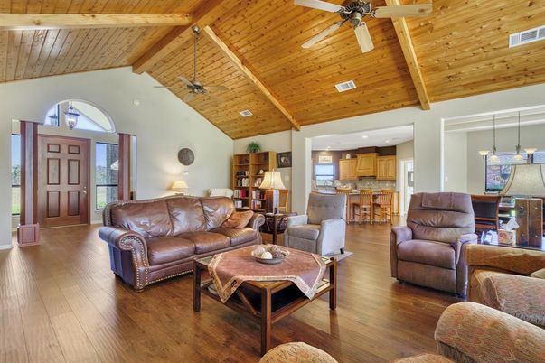 Interior, Kitchen, Living room, Pendant Lights, Recessed Lighting, Wooden Beams, Wooden Ceilings, Wood Texture Flooring