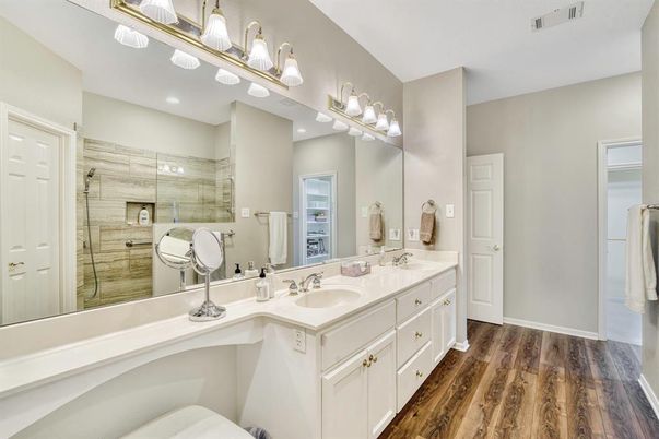 Bathroom, Dual Sink Vanities, Glass Shower, Interior, Wood Texture Flooring