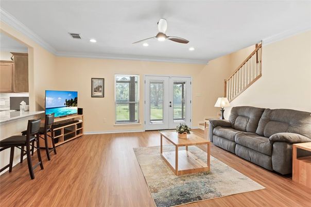 Home Office, Interior, Living room, Recessed Lighting, Wood Texture Flooring