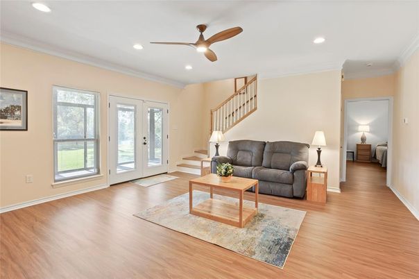 Interior, Living room, Recessed Lighting, Wood Texture Flooring