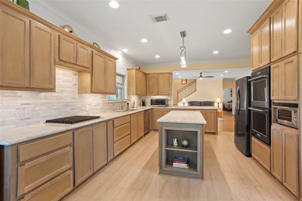 Interior, Kitchen, Pendant Lights, Recessed Lighting, Stainless Steel Appliances, Wood Texture Flooring